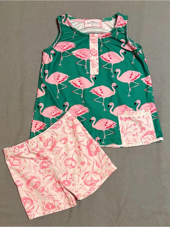 SweetHoney Other - SweetHoney Pink Flamingo Shorts Set - Green & Pink